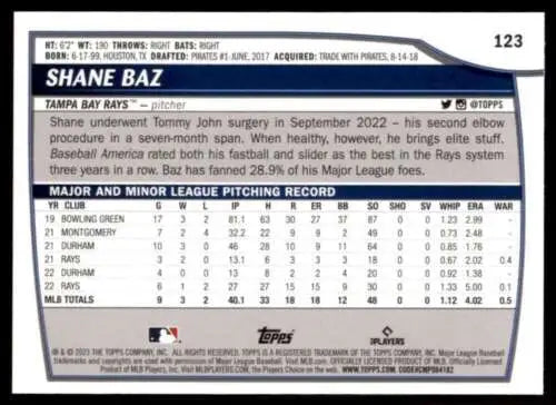 Shane Baz baseball card from 2023 Topps Big League featuring original gloss finish