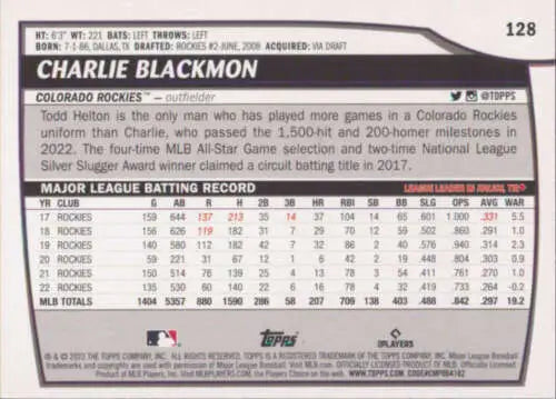 2023 Topps Big League #128 Charlie Blackmon baseball card with original gloss finish