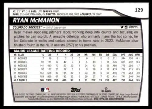 Ryan McMahon baseball card from 2023 Topps Big League original gloss collection