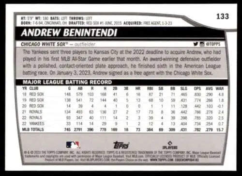 Back of 2023 Topps Big League #133 Andrew Benintendi baseball card showcasing original gloss