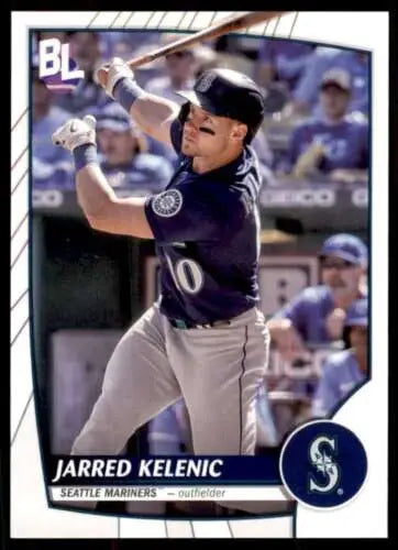 2023 Topps Big League card of Jarred Kelenic swinging bat for Seattle Mariners