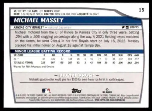 Michael Massey baseball card from 2023 Topps Big League NM-MT RC for Royals fans