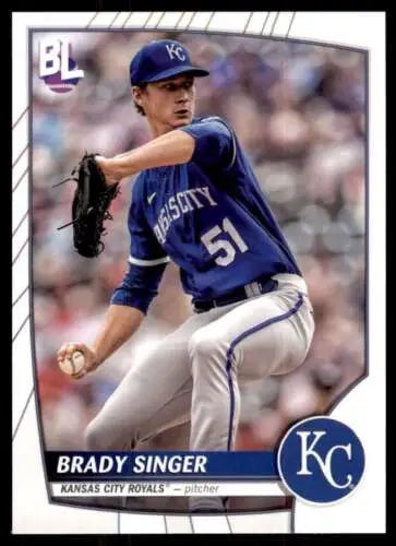 Baseball card of Kansas City Royals pitcher Brady Singer in mid-throw, Topps Big League