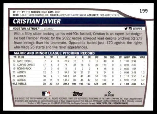 2023 Topps Big League #199 Cristian Javier baseball card featuring original gloss finish