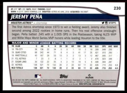 Baseball card back of 2023 Topps Big League #230 Jeremy Pena with original gloss