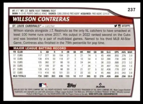 Willson Contreras baseball card from 2023 Topps Big League, original gloss, NM-MT Cardinals