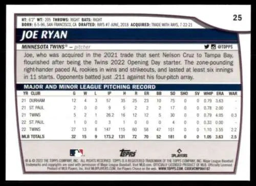 2023 Topps Big League #25 Joe Ryan baseball card featuring original gloss and NM-MT condition