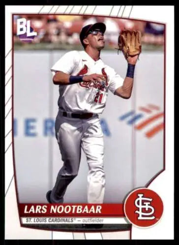 Baseball card of Lars Nootbaar catching a fly ball in Topps Big League design