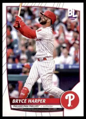 2023 Topps Big League card of Bryce Harper swinging bat in Phillies pinstriped uniform