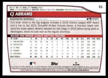 2023 Topps Big League #31 CJ Abrams baseball card with original gloss from Nationals