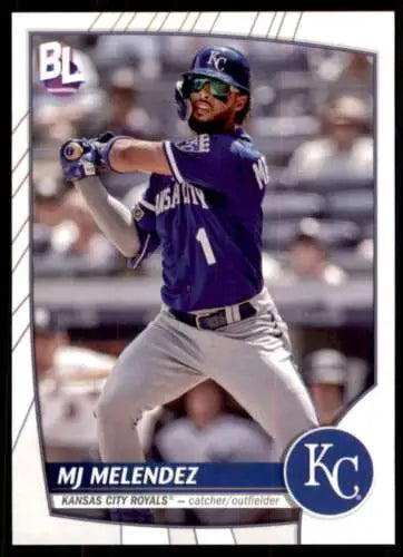 2023 Topps Big League Baseball card of MJ Melendez in purple uniform at bat