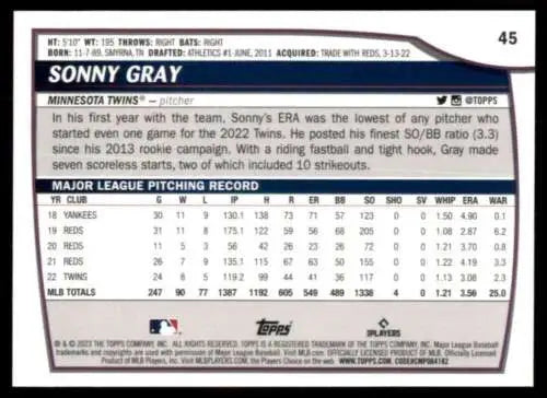 Sonny Gray baseball card from 2023 Topps Big League, original gloss, NM-MT Twins