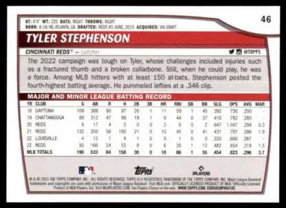 Baseball card featuring Tyler Stephenson stats from 2023 Topps Big League #46 Reds