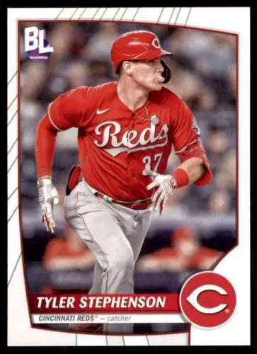 Baseball card of Tyler Stephenson in red uniform from 2023 Topps Big League collection