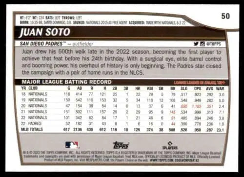 2023 Topps Big League #50 Juan Soto NM-MT Padres baseball card with original gloss finish