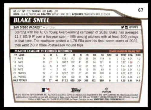 2023 Topps Big League #67 Blake Snell NM-MT baseball card with original gloss Padres