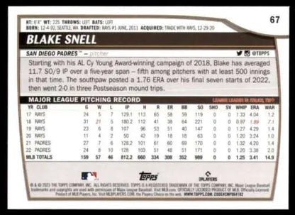 Blake Snell baseball card from 2023 Topps Big League #67 featuring original gloss design