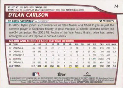 2023 Topps Big League #74 Dylan Carlson baseball card with original gloss NM-MT Cardinals