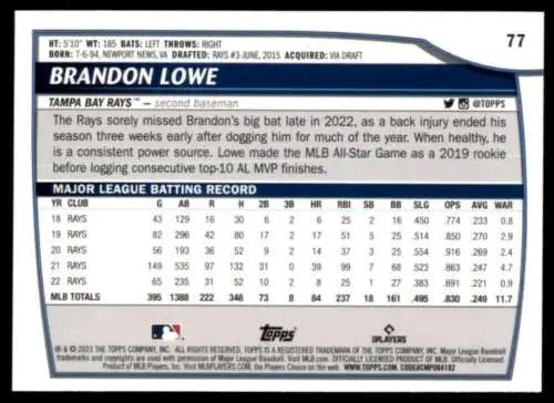 Baseball card featuring Brandon Lowe’s stats with the Tampa Bay Rays Topps Big League