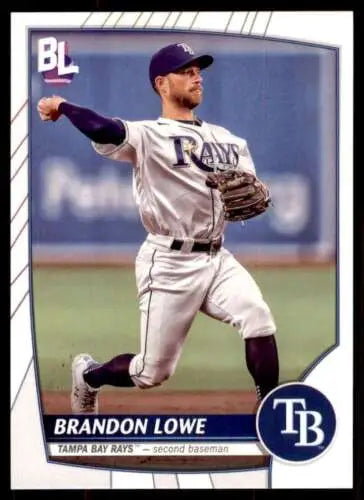 Baseball player in Tampa Bay Rays uniform throwing ball from Topps Big League card