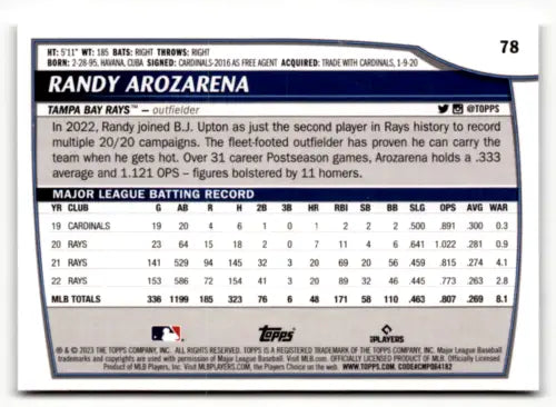 2023 Topps Big League #78 Randy Arozarena baseball card with original gloss, Near Mint Rays