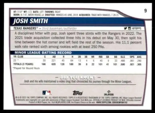 2023 Topps Big League #9 Josh Smith NM-MT RC Rookie baseball card with original gloss