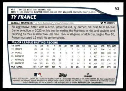 Baseball card featuring Ty France’s MLB stats, 2023 Topps Big League original gloss