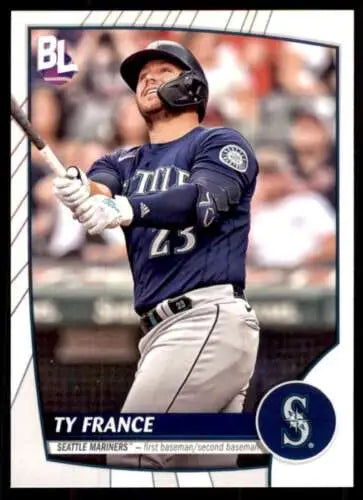 Baseball card of Ty France in navy uniform, Topps Big League original gloss