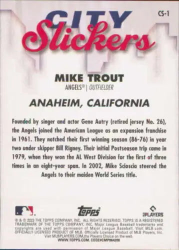 Mike Trout 2023 Topps Big League City Slickers baseball card with original gloss finish