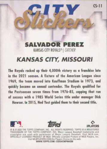 Baseball card back of 2023 Topps Big League City Slickers Salvador Perez NM-MT Royals