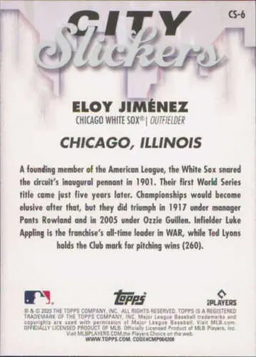 Baseball card back of 2023 Topps Big League City Slickers Eloy Jimenez White Sox