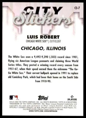 Baseball card back of 2023 Topps Big League City Slickers Luis Robert White Sox NM-MT