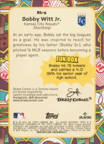 Baseball card back of 2023 Topps Big League Big Leaguers Bobby Witt Jr. NM-MT Royals