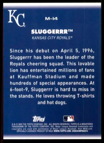 Back of 2023 Topps Big League Mascots #M-14 Sluggerrr card showing original gloss details