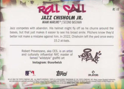 2023 Topps Big League Roll Call Jazz Chisholm card back with original gloss finish