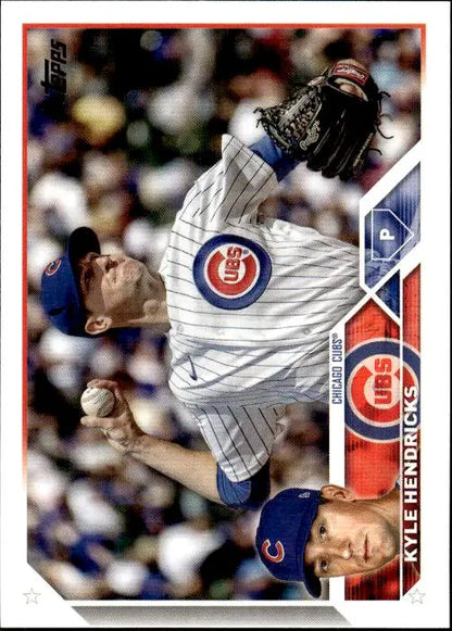 Baseball trading card of Kyle Hendricks throwing, Topps Chicago Cubs collectible