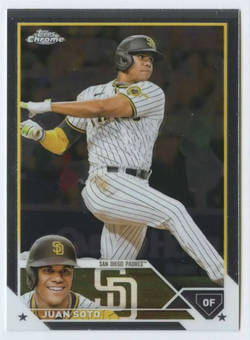 Juan Soto mid-swing in pinstripe uniform on 2023 Topps Chrome San Diego Padres card