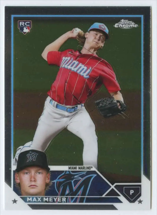 Max Meyer in throwing motion on 2023 Topps Chrome Miami Marlins Baseball Card