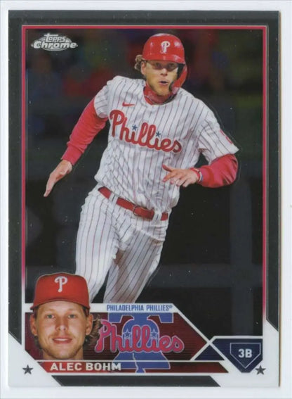 Alec Bohm 2023 Topps Chrome Baseball Card featuring Philadelphia Phillies pinstriped uniform