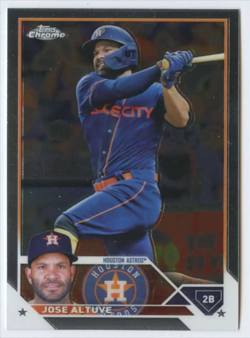 Jose Altuve at bat in blue Space City uniform on Houston Astros baseball card