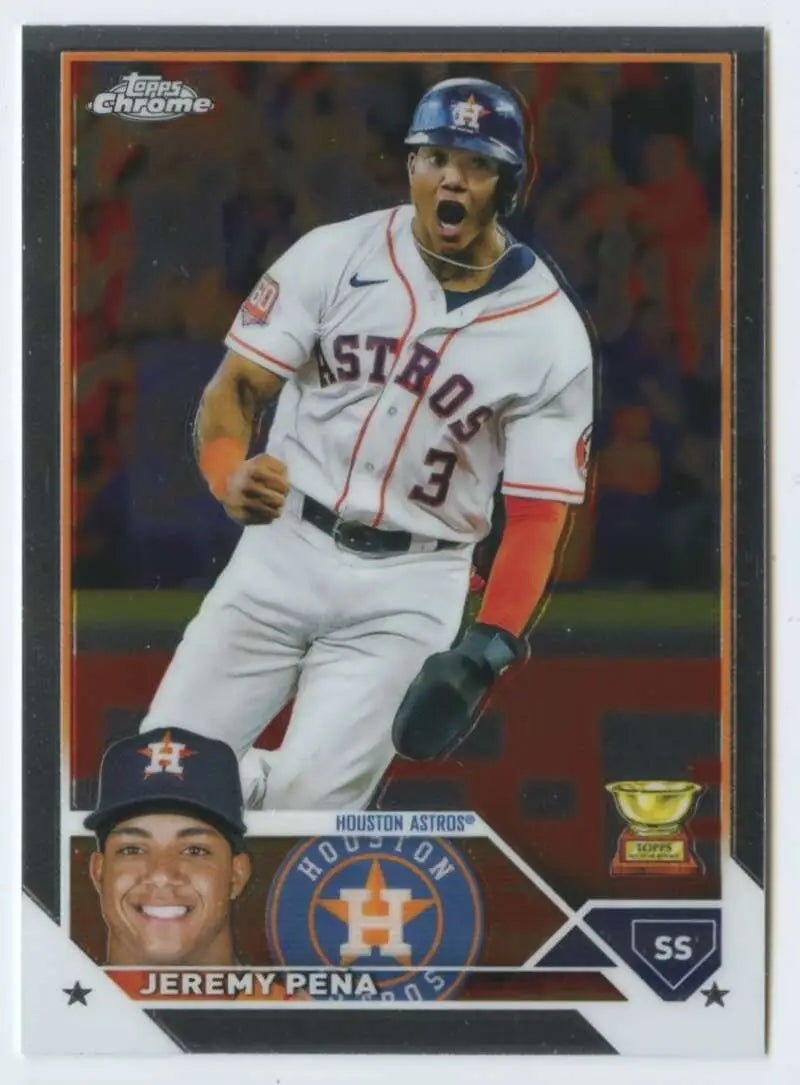 Jeremy Pena showing emotion in a Houston Astros white uniform baseball card