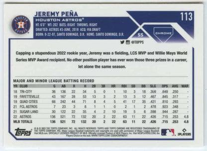 Jeremy Pena Houston Astros baseball card displaying career batting statistics