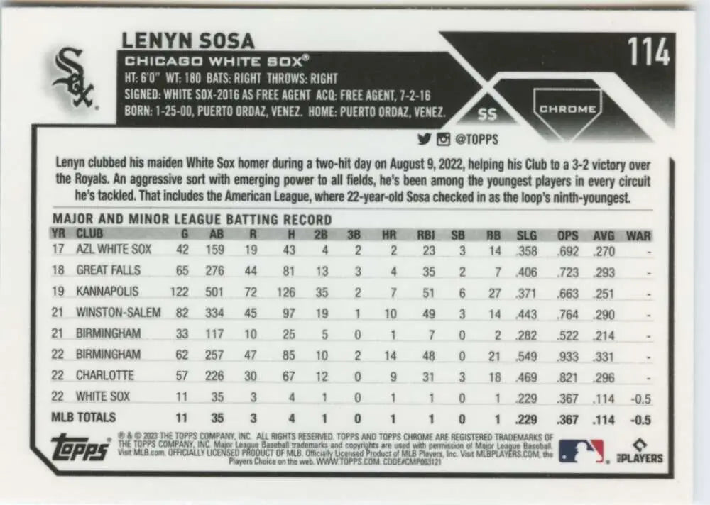 Baseball card of Lenyn Sosa, Chicago White Sox rookie card from 2023 Topps Chrome