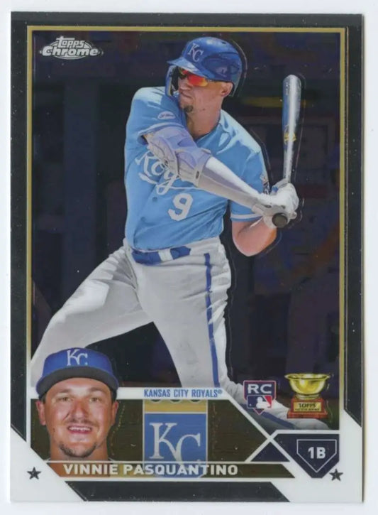 Vinnie Pasquantino Kansas City Royals player at bat in light blue uniform baseball card