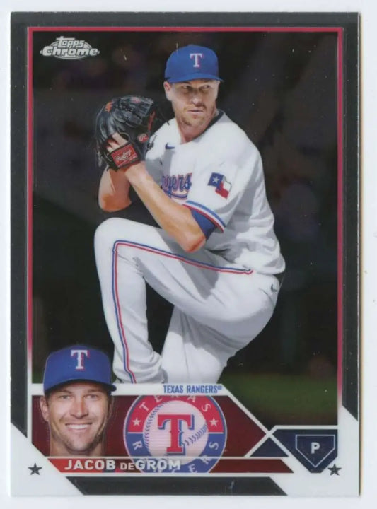 Baseball card of Jacob deGrom in white uniform for Texas Rangers Topps Chrome 2023