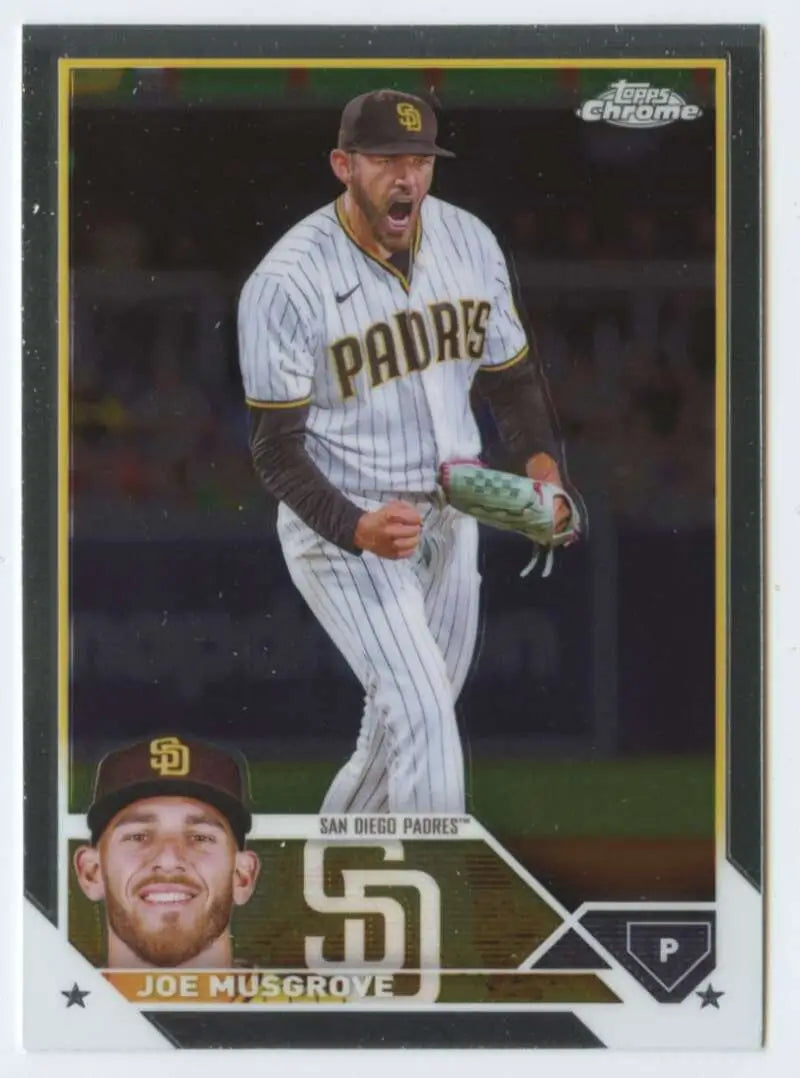 Baseball card of Joe Musgrove showcasing San Diego Padres pitcher in intense action