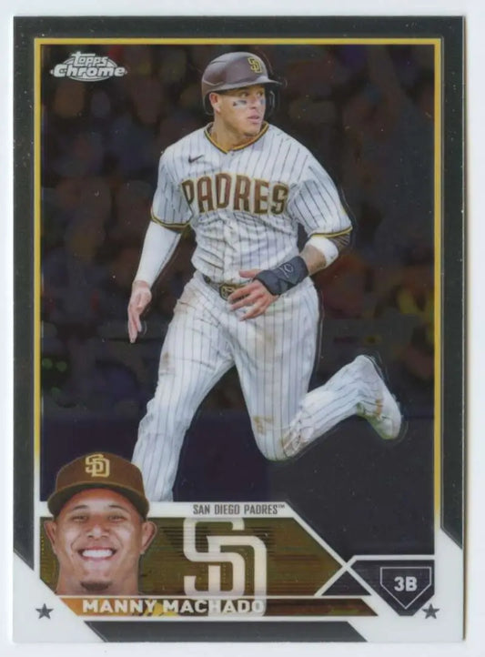 Baseball card of Manny Machado in a San Diego Padres pinstripe uniform running