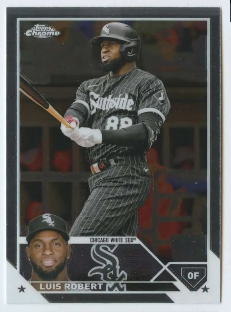 Luis Robert Topps Chrome baseball card featuring Chicago White Sox player in pinstripes