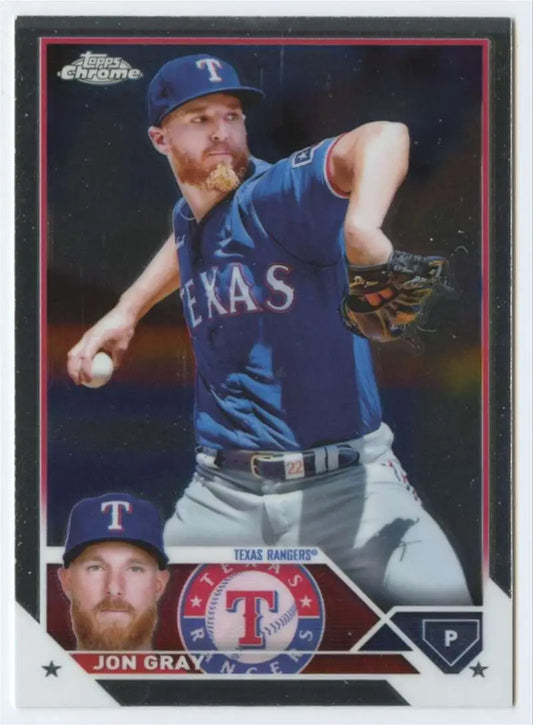 Jon Gray baseball card showcasing Texas Rangers pitcher in blue uniform throwing motion