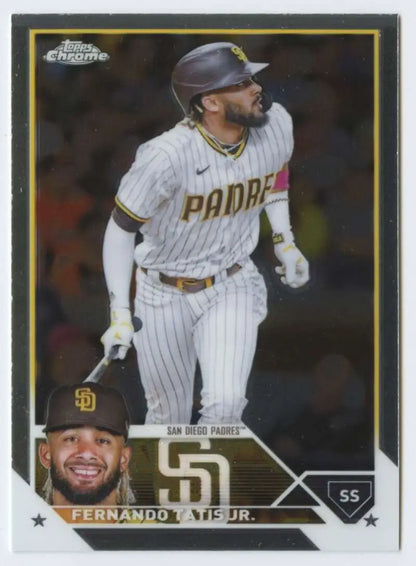 Fernando Tatis Jr. batting in pinstripes on 2023 Topps Chrome San Diego Padres card